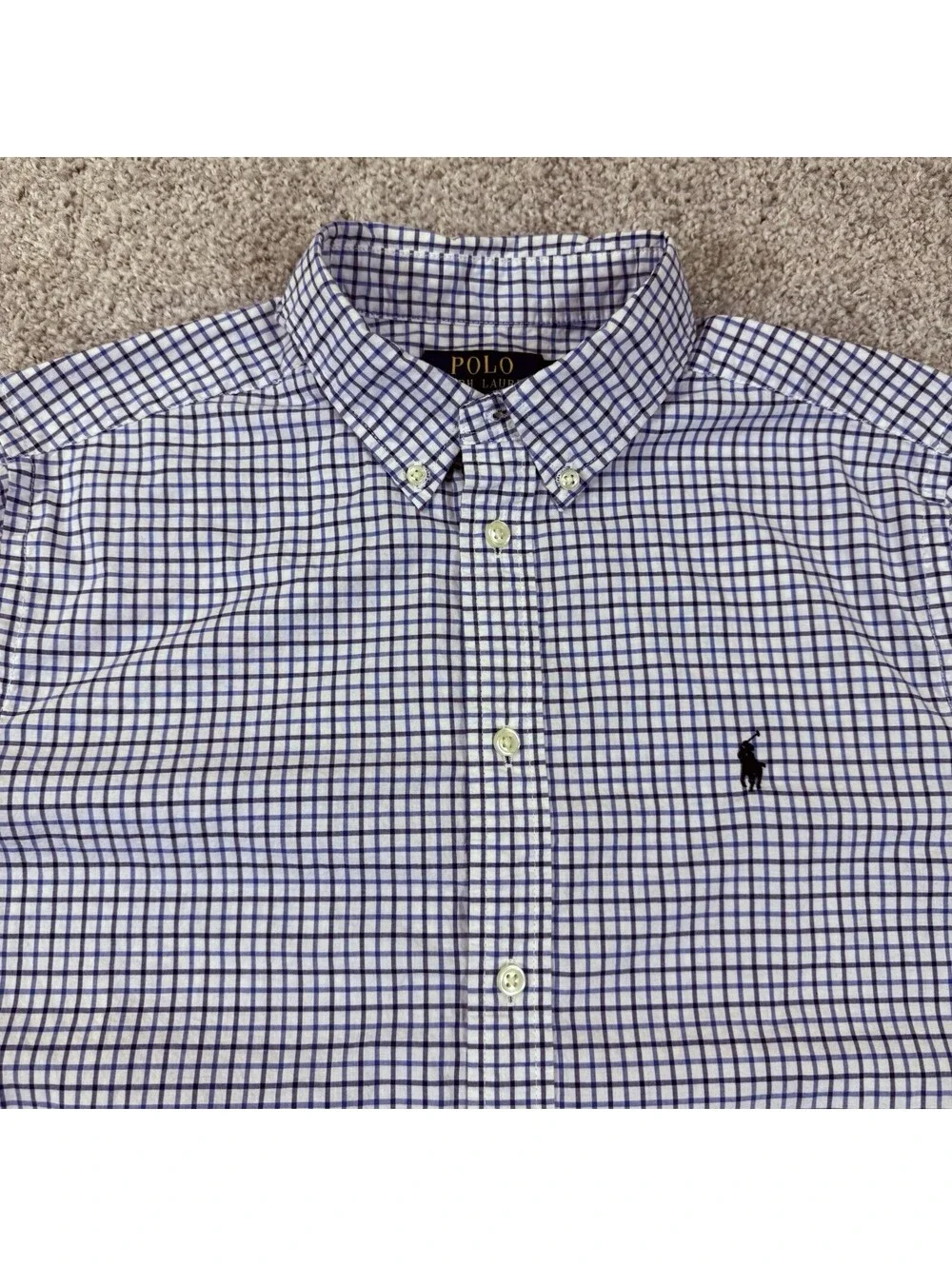 Polo Ralph Lauren Shirt Youth Large Blue Gingham Poplin Check Casual Nat Stretch